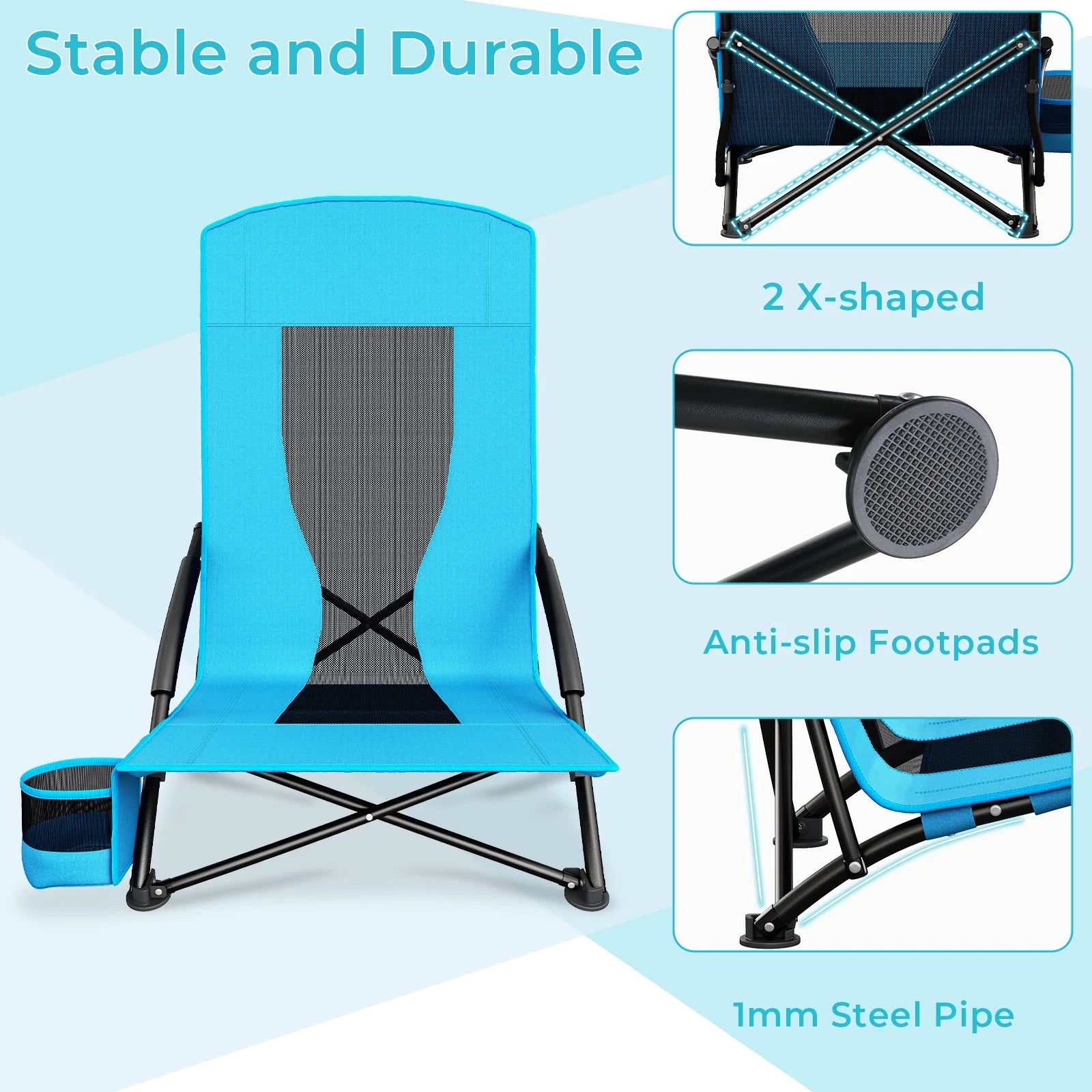 28.5″ 2Pcs Folding Beach Chairs W/ Carry Bag, Portable Low Beach Chair W/ Carry Bag & Cup Holder, Lightweight for Camping, Outdoor, Travel, 350LBS