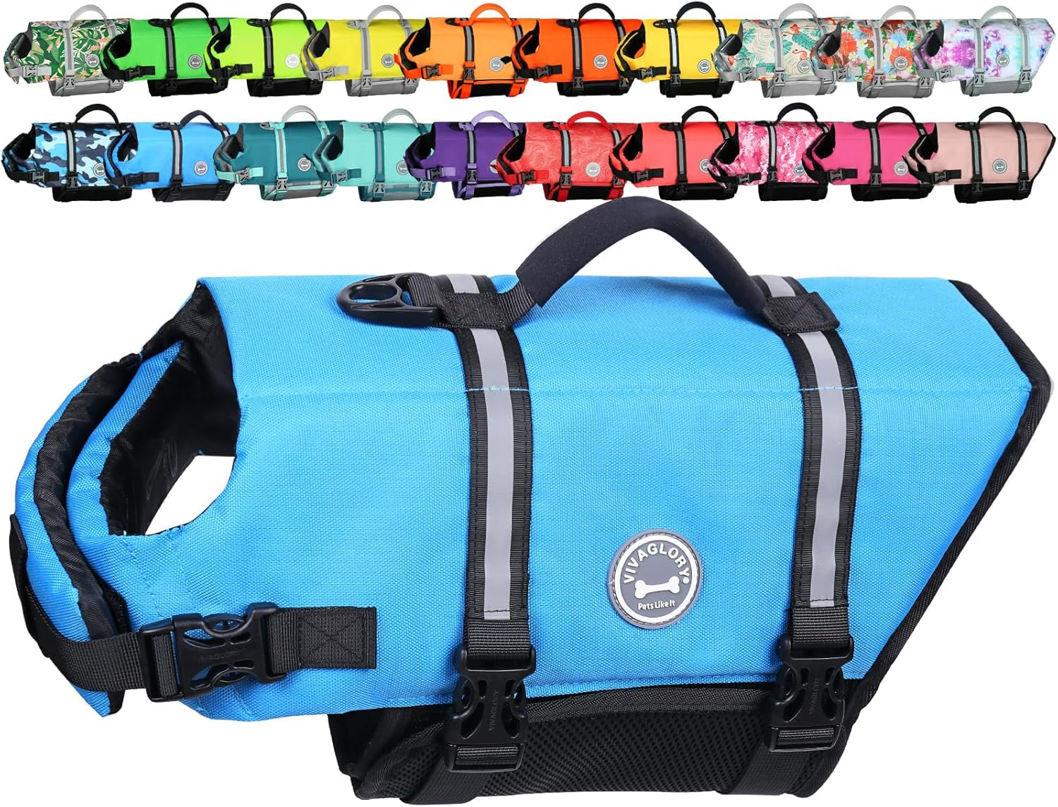 VIVAGLORY Rip Stop Dog Life Vest, Swimming Vest with Handle, Buoyancy for Doggy Puppy, Dog Life Jacket for Swimming & Boating, M, Blue