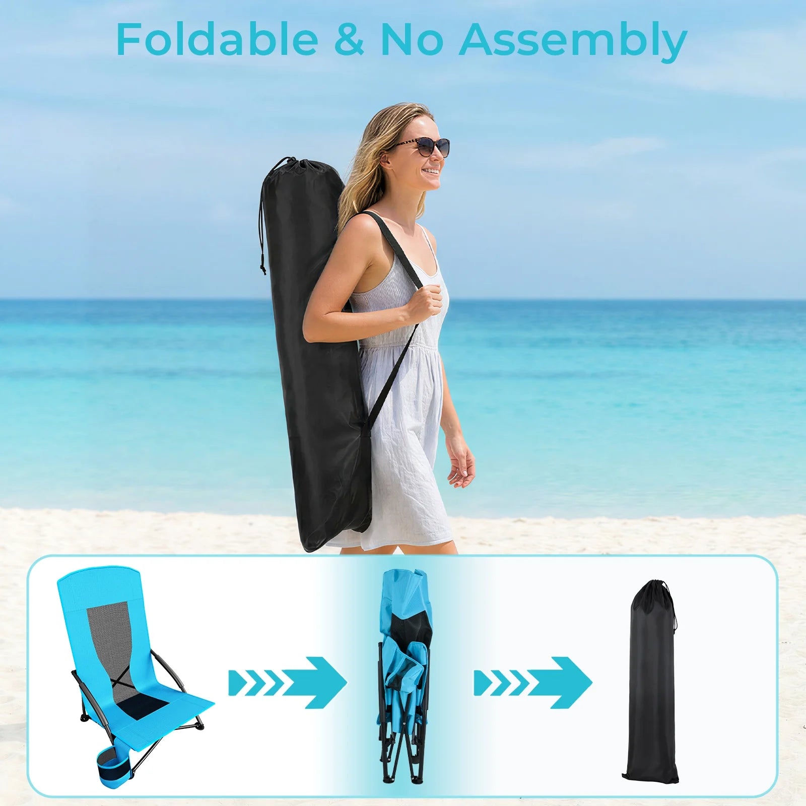 28.5″ 2Pcs Folding Beach Chairs W/ Carry Bag, Portable Low Beach Chair W/ Carry Bag & Cup Holder, Lightweight for Camping, Outdoor, Travel, 350LBS