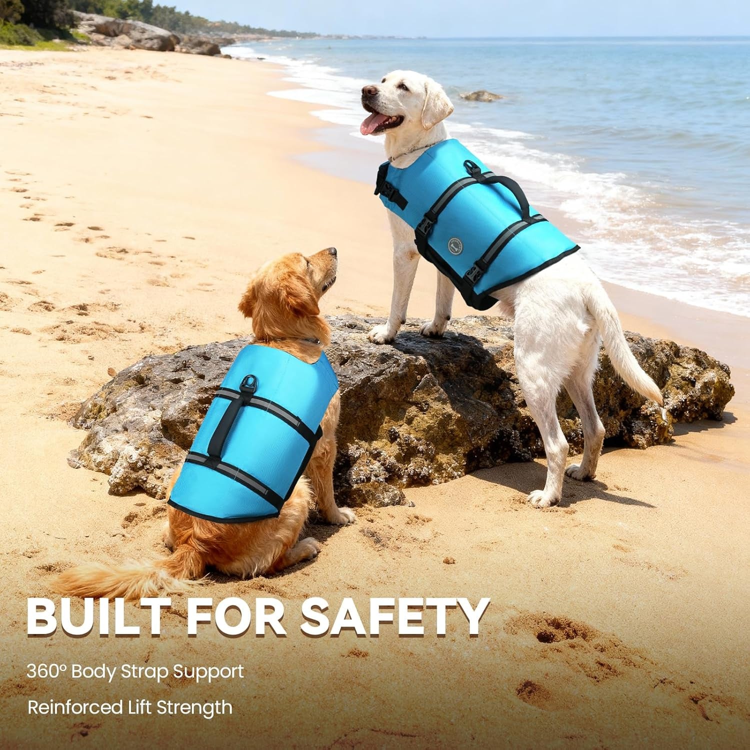 VIVAGLORY Rip Stop Dog Life Vest, Swimming Vest with Handle, Buoyancy for Doggy Puppy, Dog Life Jacket for Swimming & Boating, M, Blue