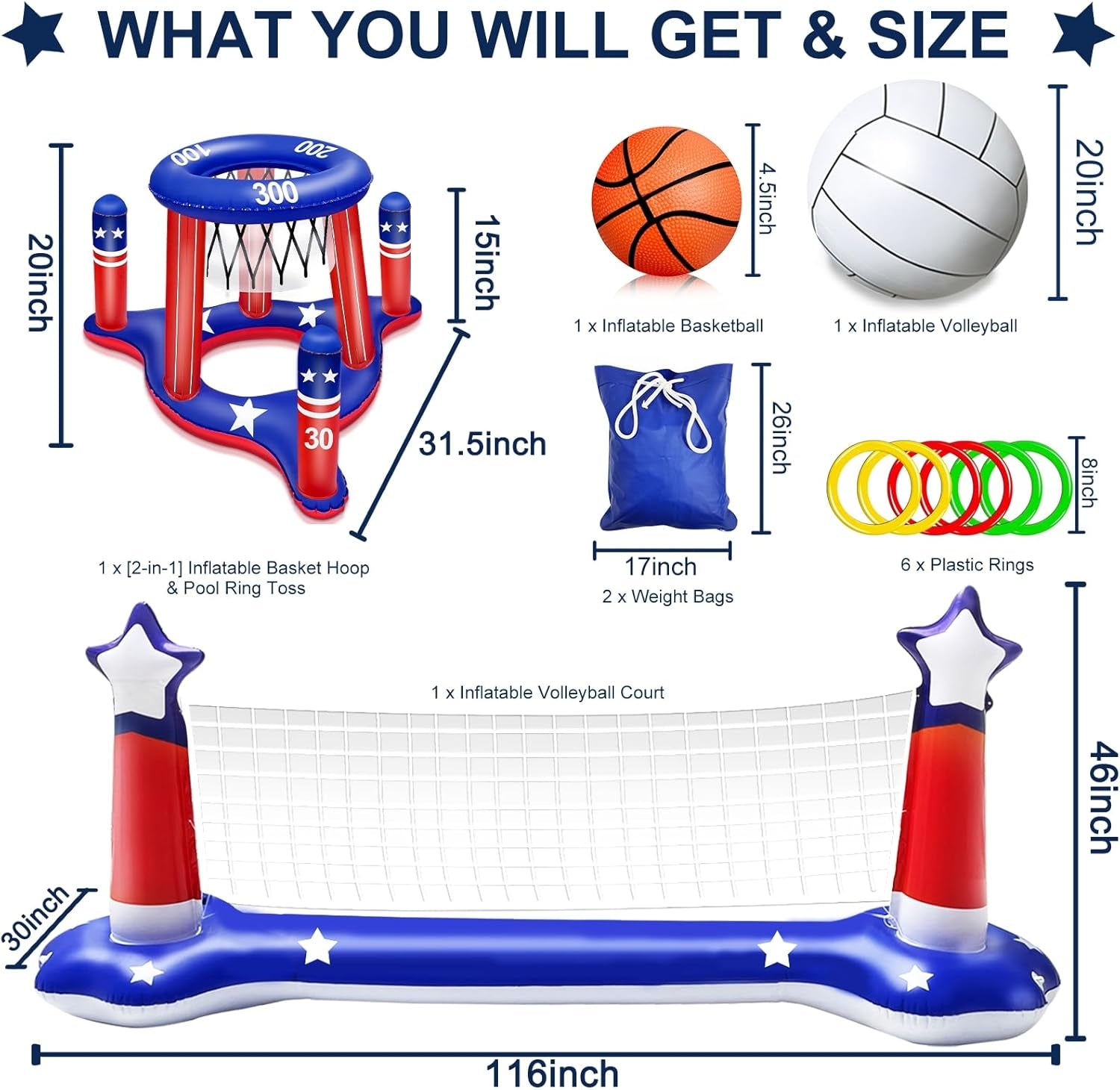 4Th of July Pool Games Set, Volleyball Net & Basketball Hoop & Ring Toss, 250Th Anniversary 3-In-1 Large Inflatable Water Sport Game Toys for Multi-Player Adults American Flag Swimming Summer Party