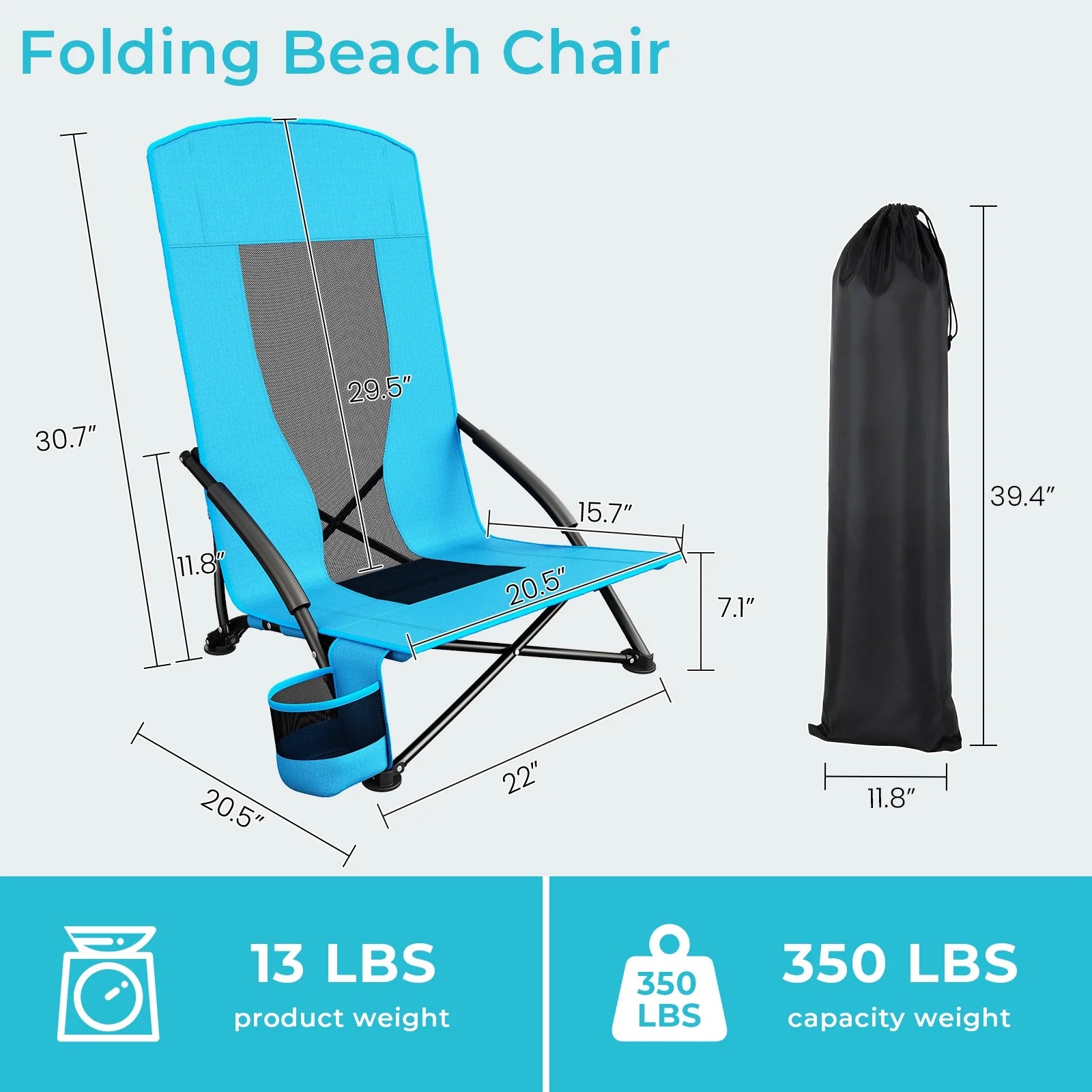 28.5″ 2Pcs Folding Beach Chairs W/ Carry Bag, Portable Low Beach Chair W/ Carry Bag & Cup Holder, Lightweight for Camping, Outdoor, Travel, 350LBS