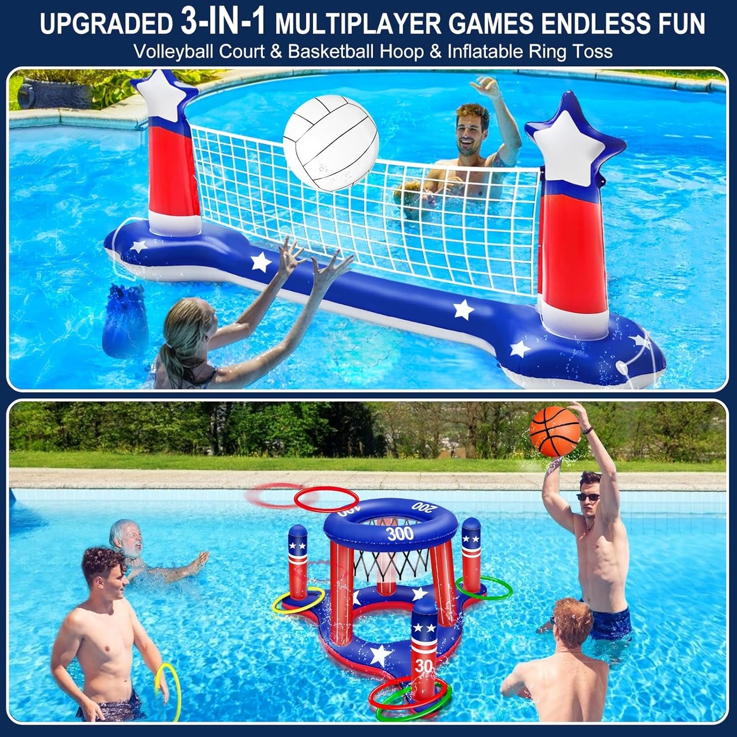4Th of July Pool Games Set, Volleyball Net & Basketball Hoop & Ring Toss, 250Th Anniversary 3-In-1 Large Inflatable Water Sport Game Toys for Multi-Player Adults American Flag Swimming Summer Party