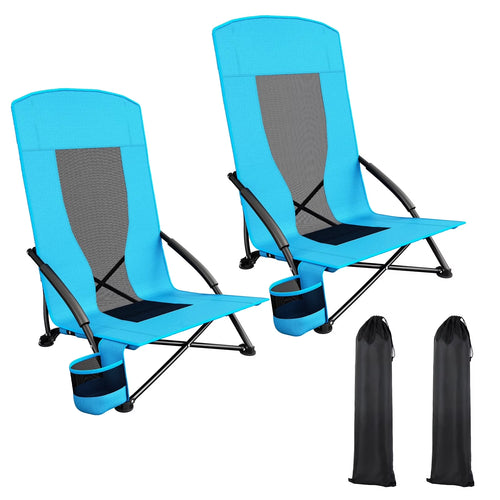 28.5″ 2Pcs Folding Beach Chairs W/ Carry Bag, Portable Low Beach Chair W/ Carry Bag & Cup Holder, Lightweight for Camping, Outdoor, Travel, 350LBS