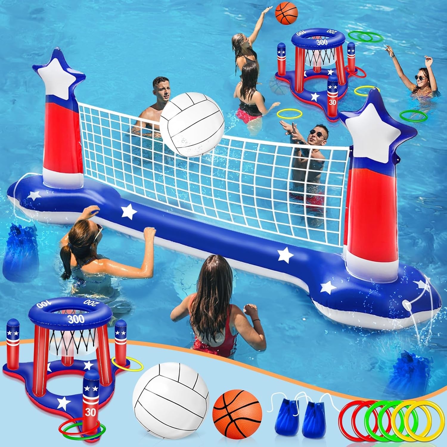 4Th of July Pool Games Set, Volleyball Net & Basketball Hoop & Ring Toss, 250Th Anniversary 3-In-1 Large Inflatable Water Sport Game Toys for Multi-Player Adults American Flag Swimming Summer Party