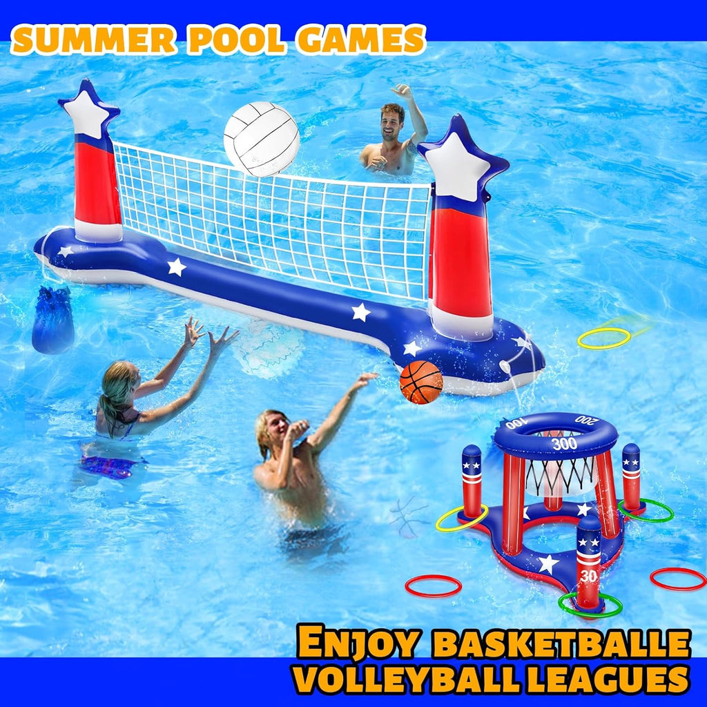 4Th of July Pool Games Set, Volleyball Net & Basketball Hoop & Ring Toss, 250Th Anniversary 3-In-1 Large Inflatable Water Sport Game Toys for Multi-Player Adults American Flag Swimming Summer Party