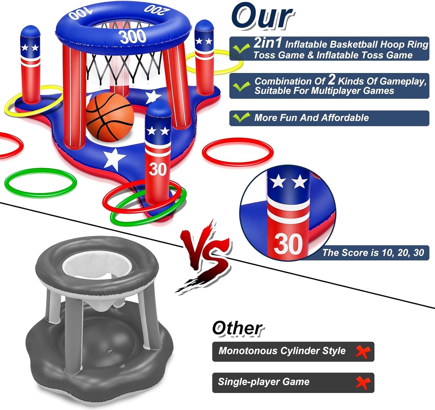 4Th of July Pool Games Set, Volleyball Net & Basketball Hoop & Ring Toss, 250Th Anniversary 3-In-1 Large Inflatable Water Sport Game Toys for Multi-Player Adults American Flag Swimming Summer Party