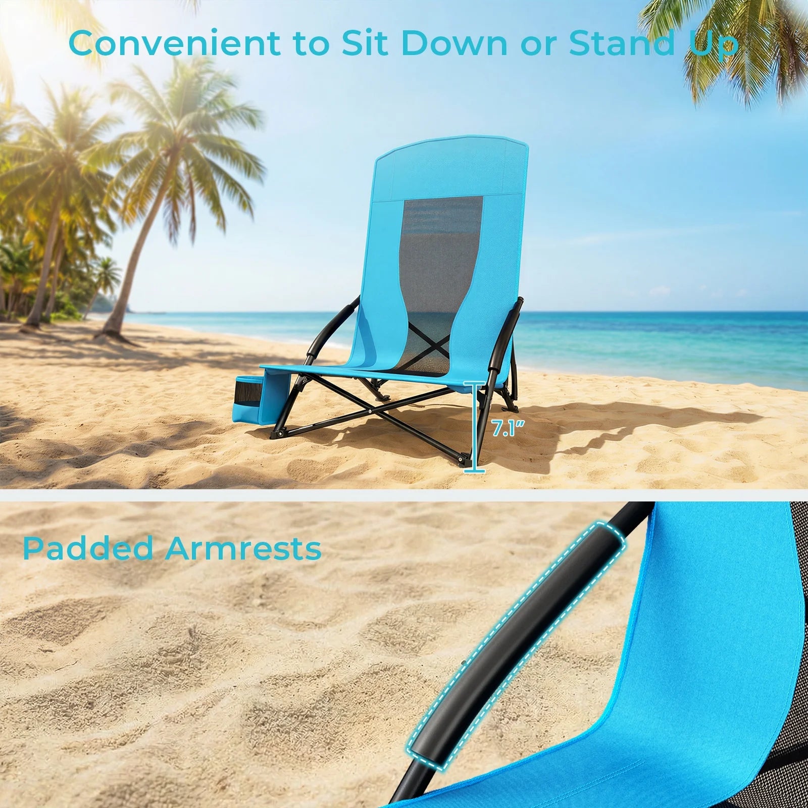 28.5″ 2Pcs Folding Beach Chairs W/ Carry Bag, Portable Low Beach Chair W/ Carry Bag & Cup Holder, Lightweight for Camping, Outdoor, Travel, 350LBS