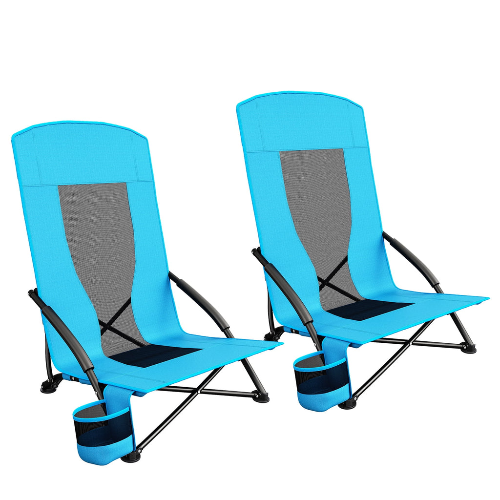 28.5″ 2Pcs Folding Beach Chairs W/ Carry Bag, Portable Low Beach Chair W/ Carry Bag & Cup Holder, Lightweight for Camping, Outdoor, Travel, 350LBS