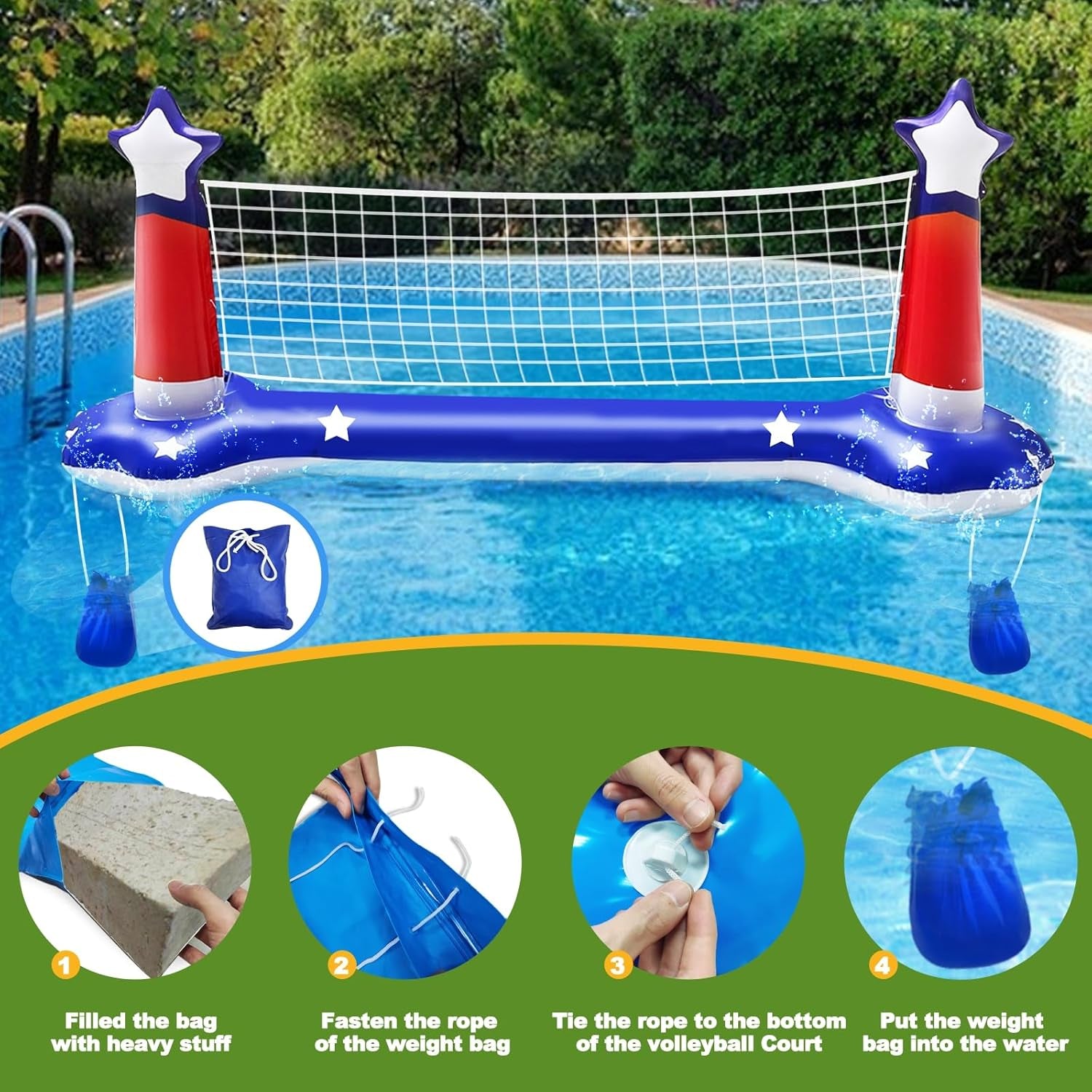4Th of July Pool Games Set, Volleyball Net & Basketball Hoop & Ring Toss, 250Th Anniversary 3-In-1 Large Inflatable Water Sport Game Toys for Multi-Player Adults American Flag Swimming Summer Party