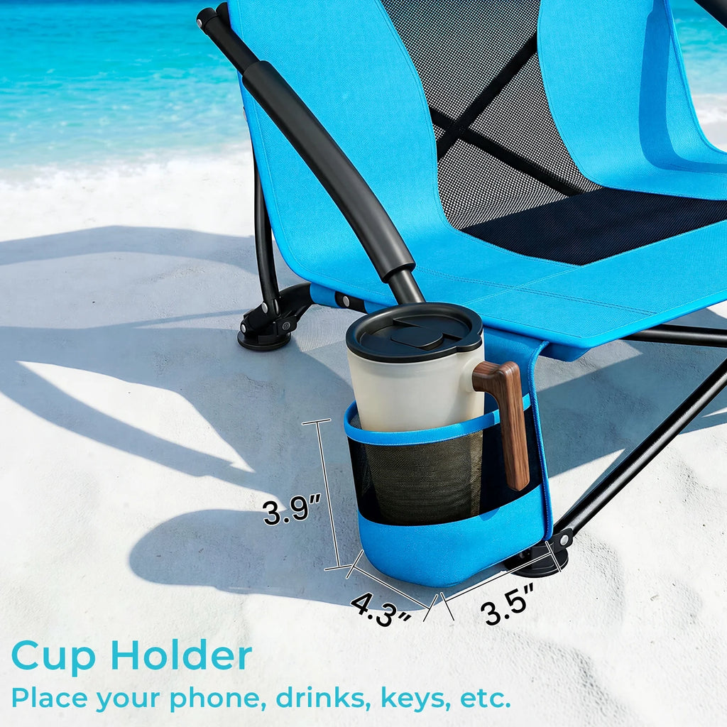 28.5″ 2Pcs Folding Beach Chairs W/ Carry Bag, Portable Low Beach Chair W/ Carry Bag & Cup Holder, Lightweight for Camping, Outdoor, Travel, 350LBS